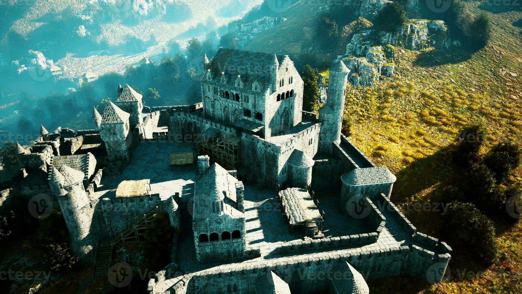 aereo Visualizza di medievale castello con interno e esterno cortile foto