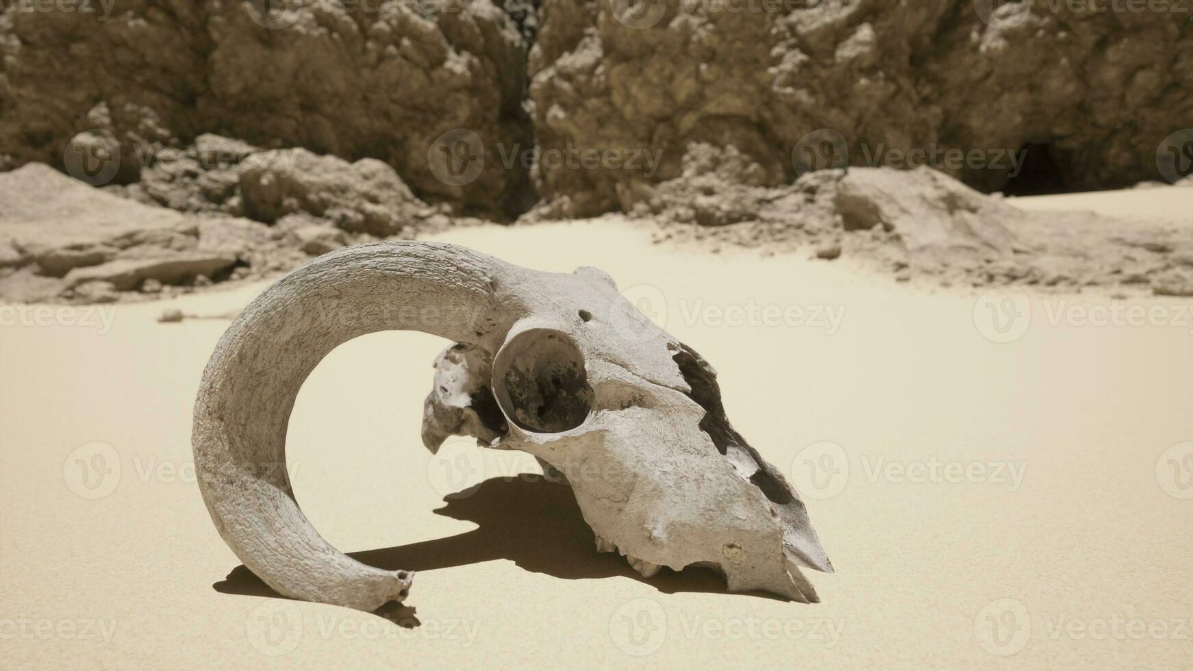 un animale cranio su un' spiaggia con un' roccia nel il sfondo foto