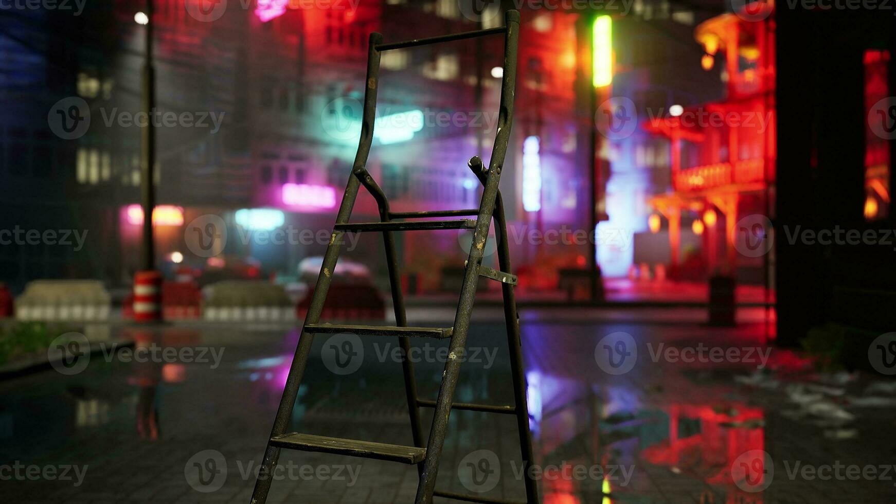 un' scala seduta nel il mezzo di un' strada a notte foto