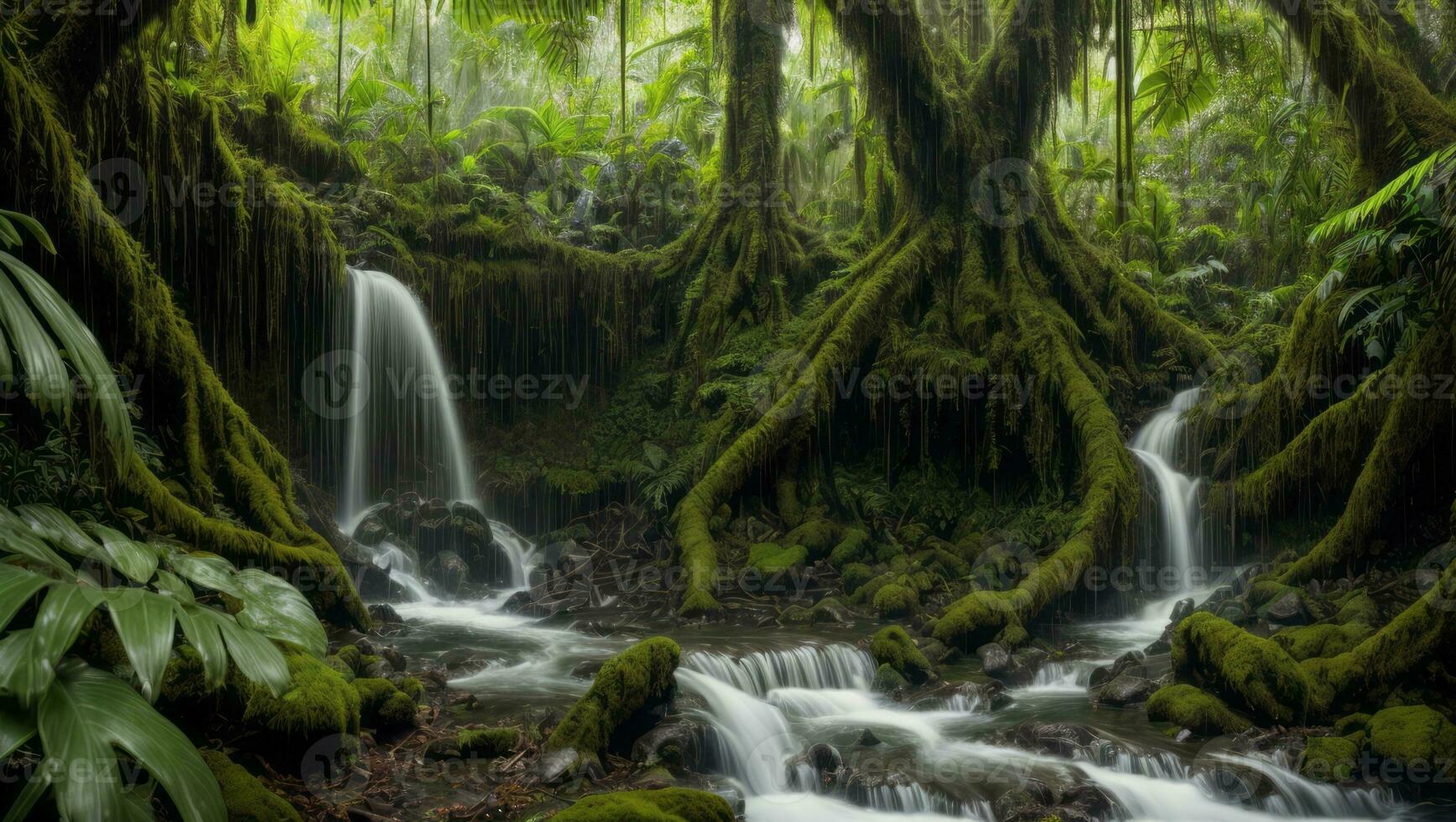 ai generato maestoso denso pioggia foresta con primavera acqua foto