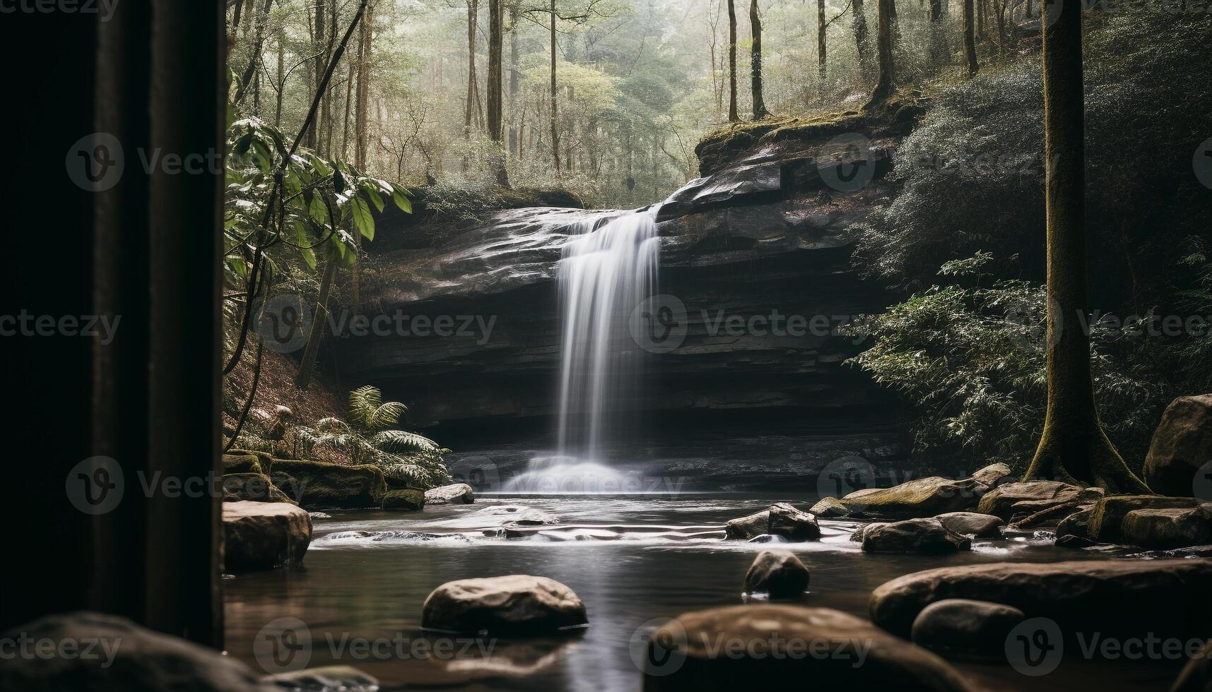 ai generato maestoso cascata fluente attraverso tropicale foresta pluviale, un' mozzafiato avventura generato di ai foto