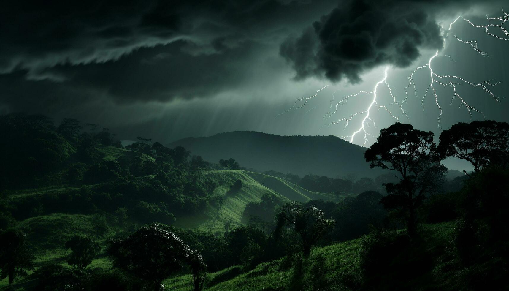 ai generato drammatico cielo, buio notte, temporale, maestoso montagne, bagnato erba generato di ai foto