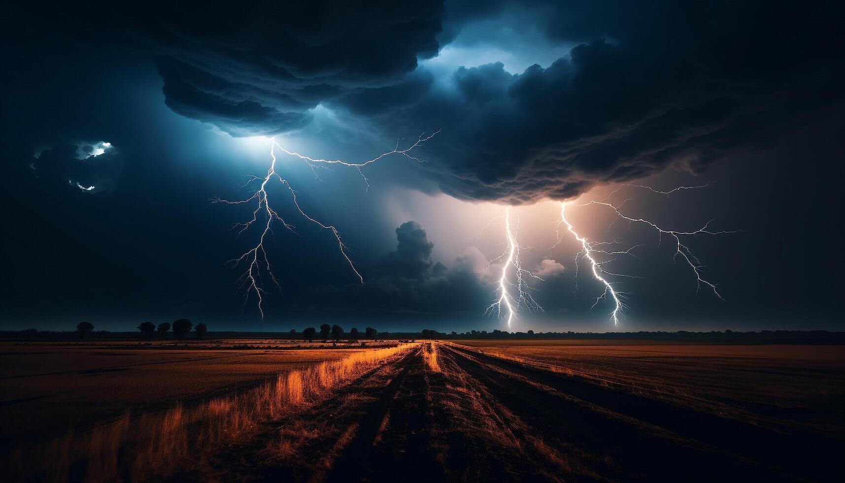 ai generato drammatico cielo, buio notte, temporale, maestoso montagne, bagnato erba generato di ai foto