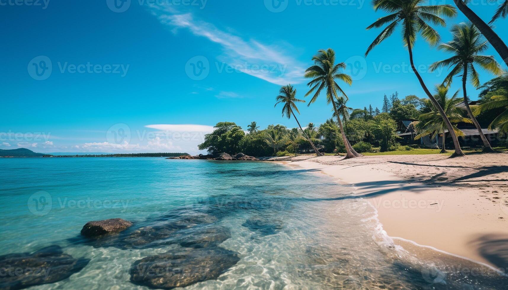 ai generato idilliaco tropicale costa, chiaro turchese acqua, luminosa estate tramonto generato di ai foto