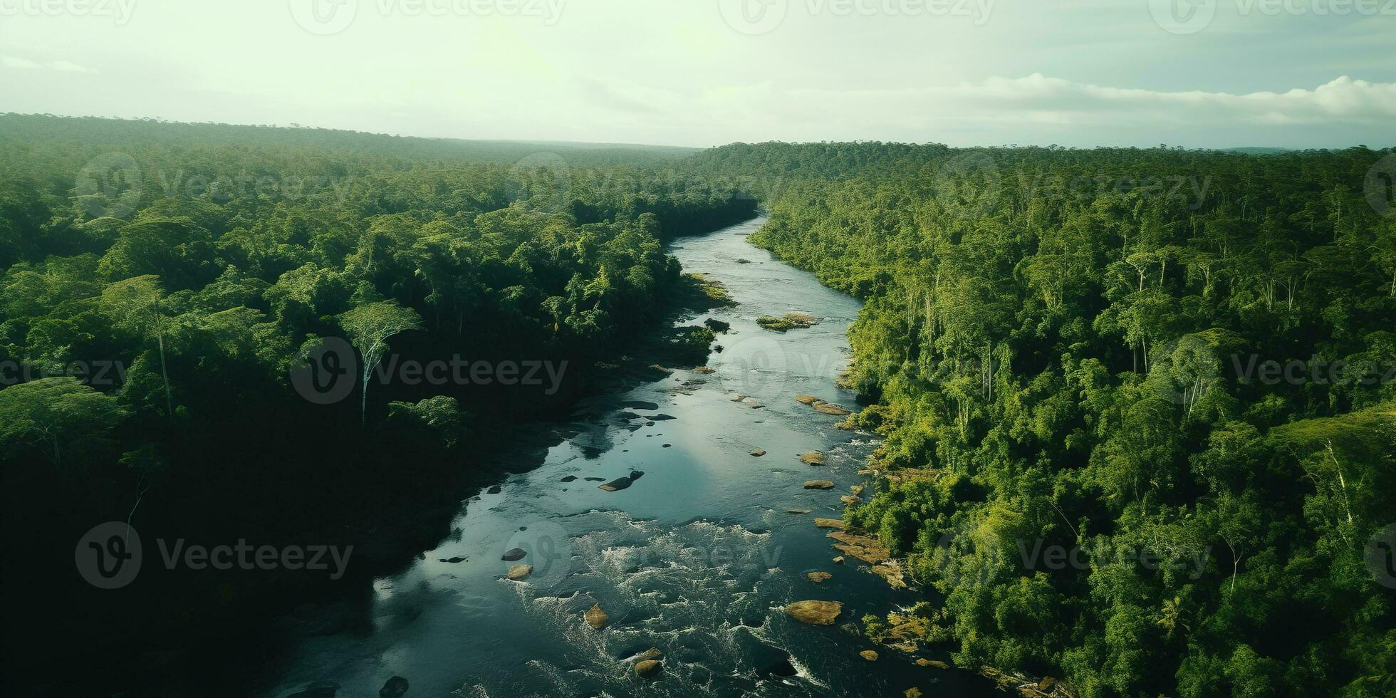 ai generato generativo ai, amazzonica giungla nebbioso paesaggio, tropicale foresta pluviale con palma alberi foto