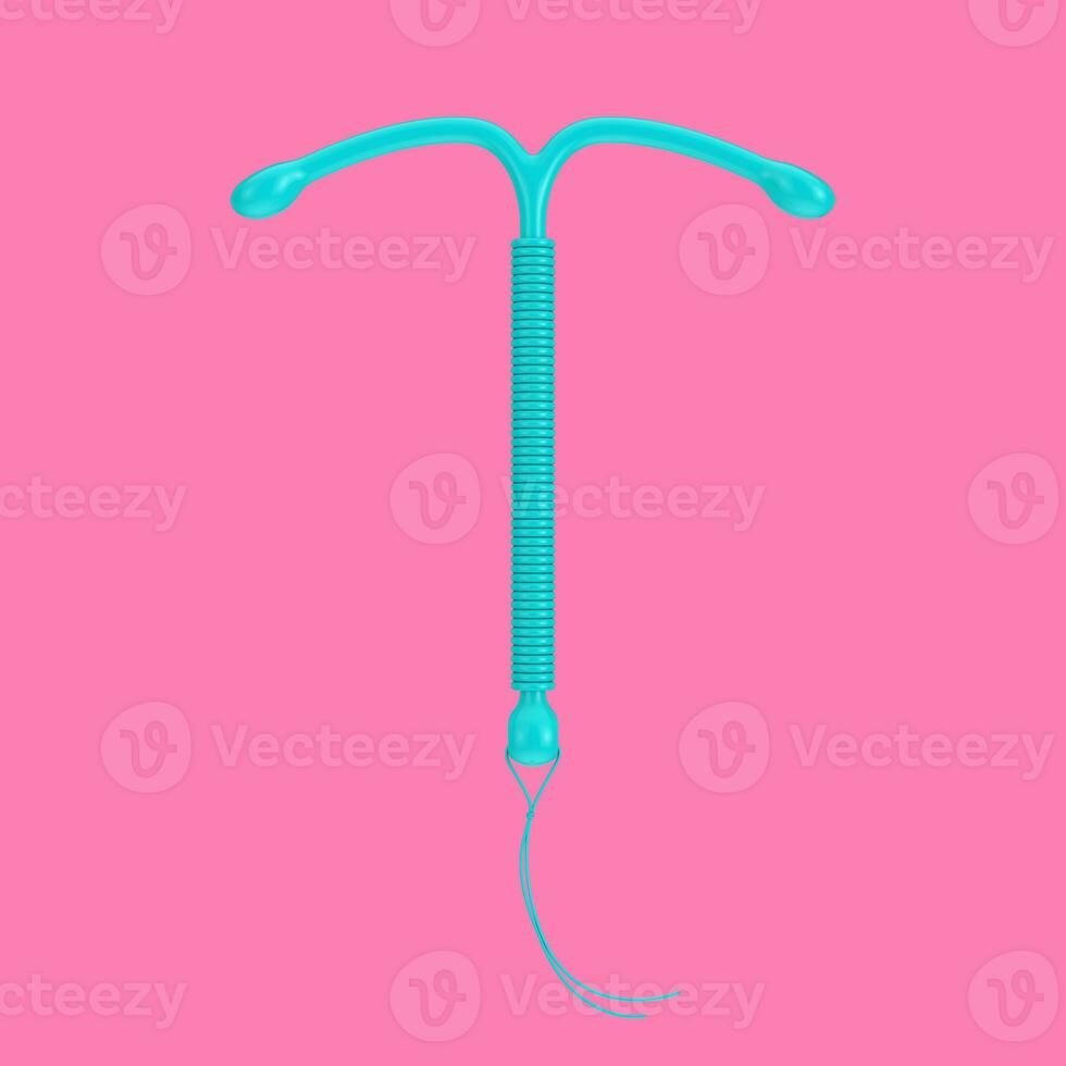 nascita controllo concetto. blu t forma IUD rame intrauterino dispositivo nel duotone stile. 3d interpretazione foto