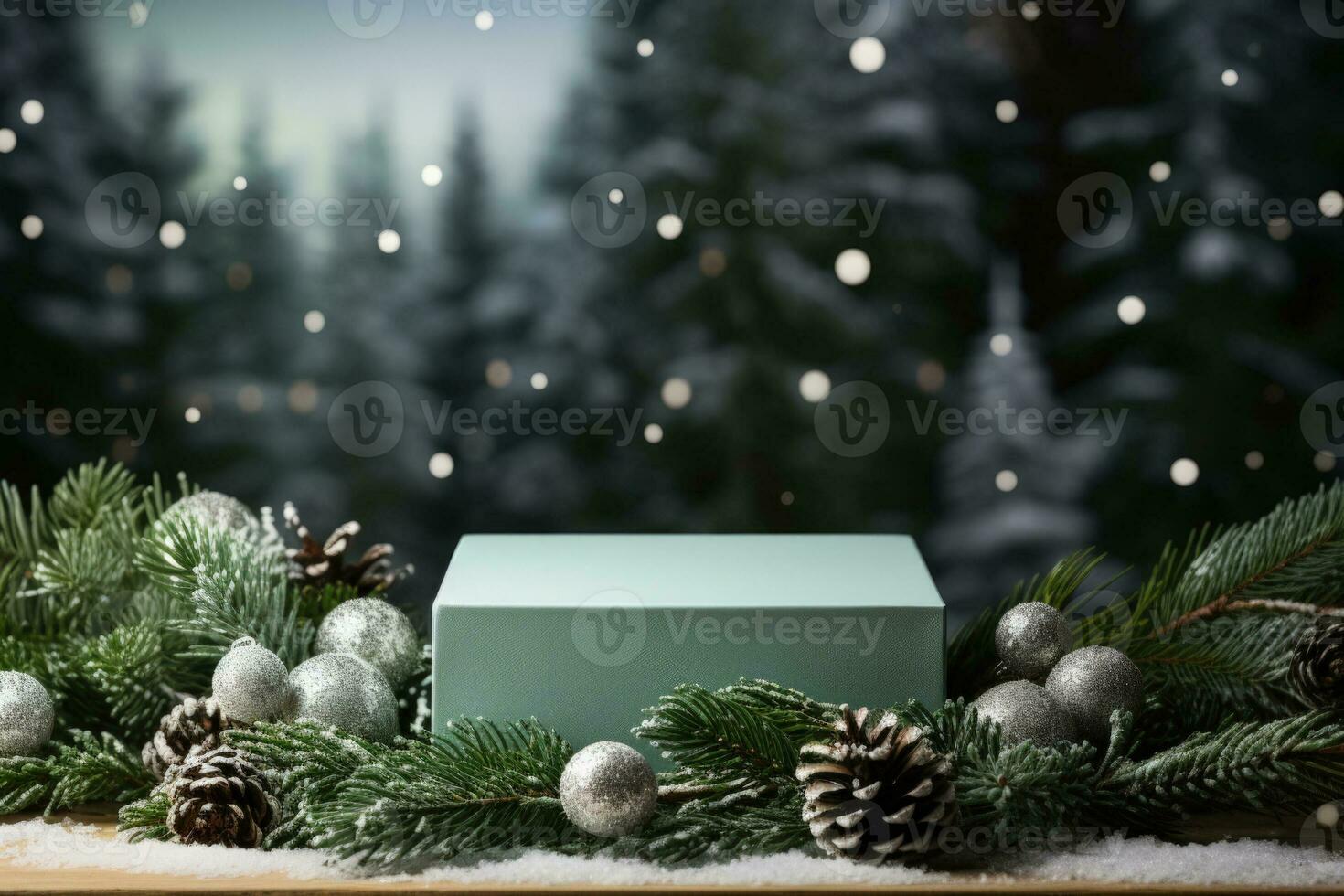 ai generato cremisi velluto Natale sfondo con un' minimalista porcellana podio modello foto