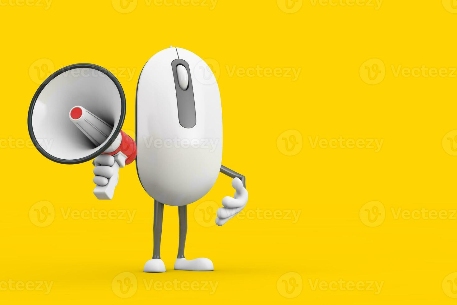 computer topo cartone animato persona personaggio portafortuna con rosso retrò megafono. 3d interpretazione foto