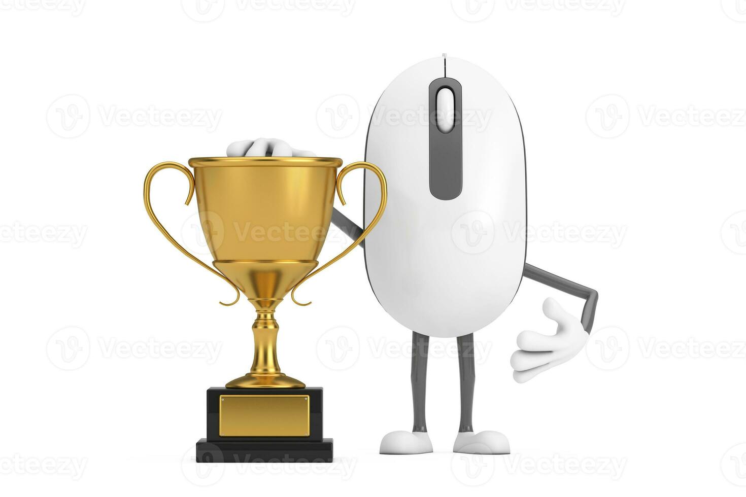 computer topo cartone animato persona personaggio portafortuna con d'oro premio trofeo. 3d interpretazione foto
