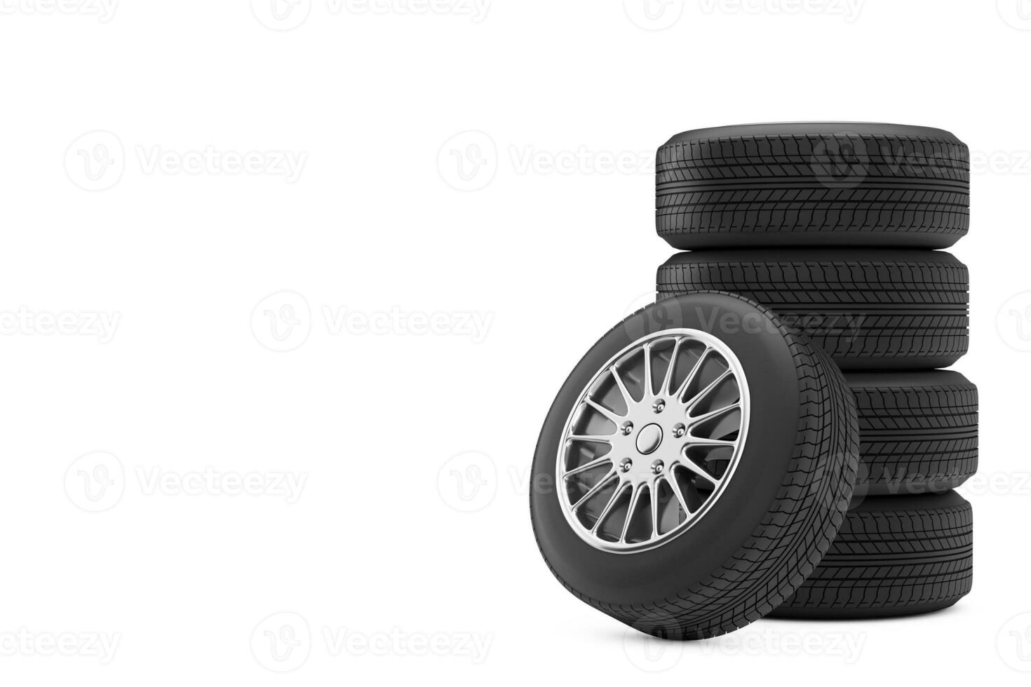 nuovo auto ruota pneumatici mucchio. 3d interpretazione foto