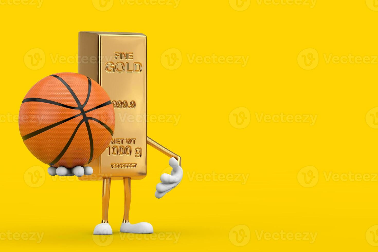 d'oro bar cartone animato persona personaggio portafortuna con pallacanestro sfera. 3d interpretazione foto