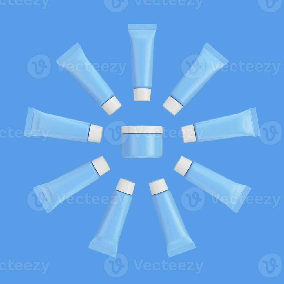 blu cosmetico crema tubi in giro rosa cosmetico vaso con gratuito spazio per il tuo design. 3d interpretazione foto