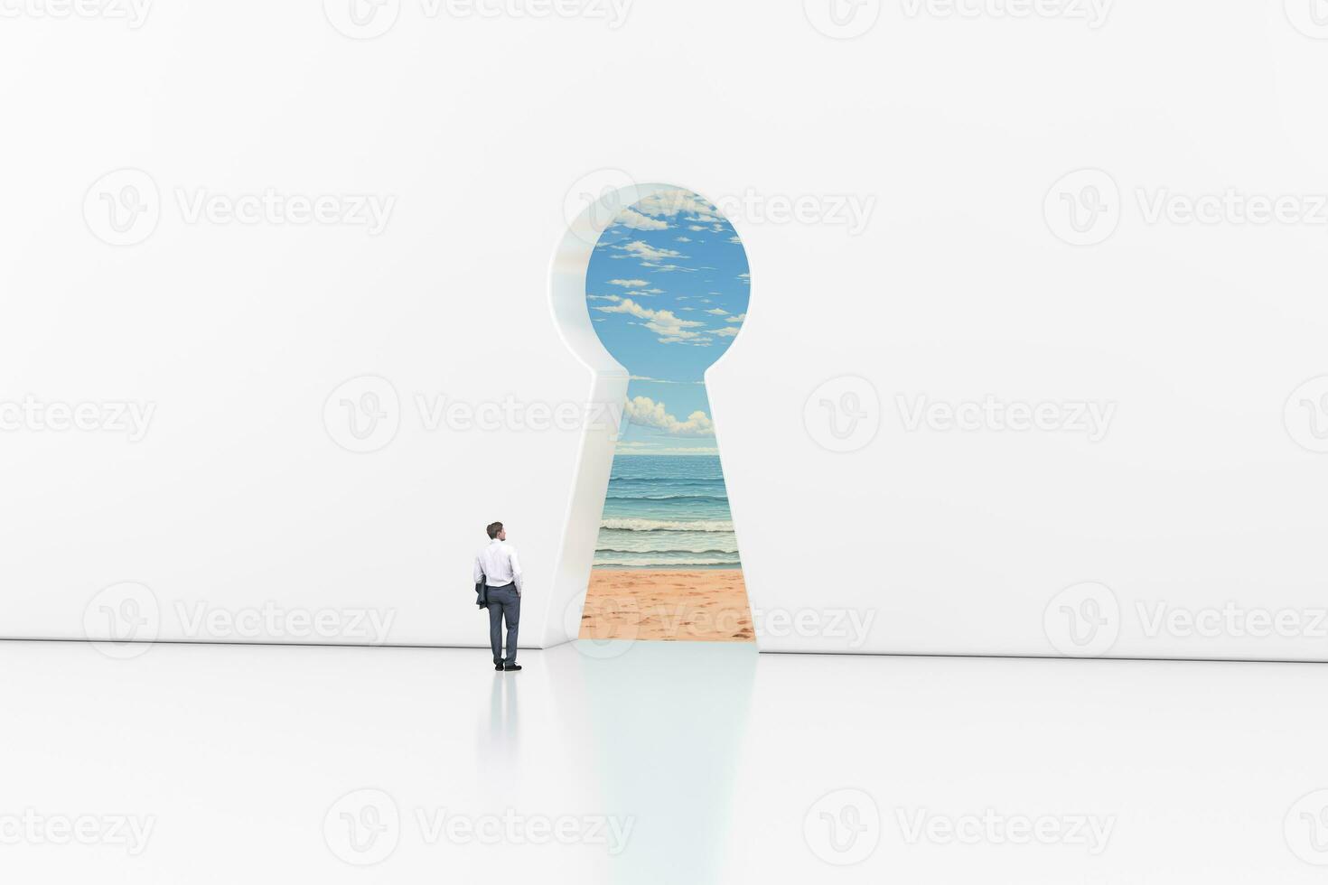 sogni, successo, opportunità e carriera concetto. indietro Visualizza di uomo d'affari a piedi nel buco della serratura finestra con oceano spiaggia. 3d interpretazione foto