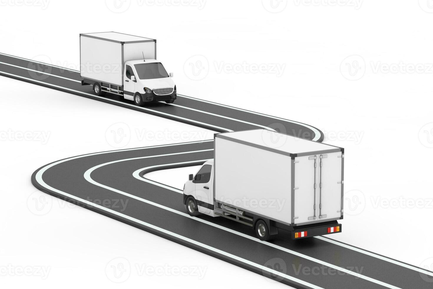 Due carico furgone minibus in movimento su avvolgimento asfalto strada. 3d interpretazione foto