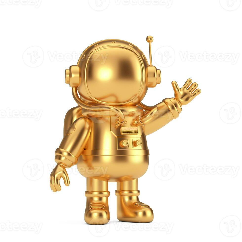 carino d'oro cartone animato portafortuna astronauta personaggio persona agitando mano. 3d interpretazione foto