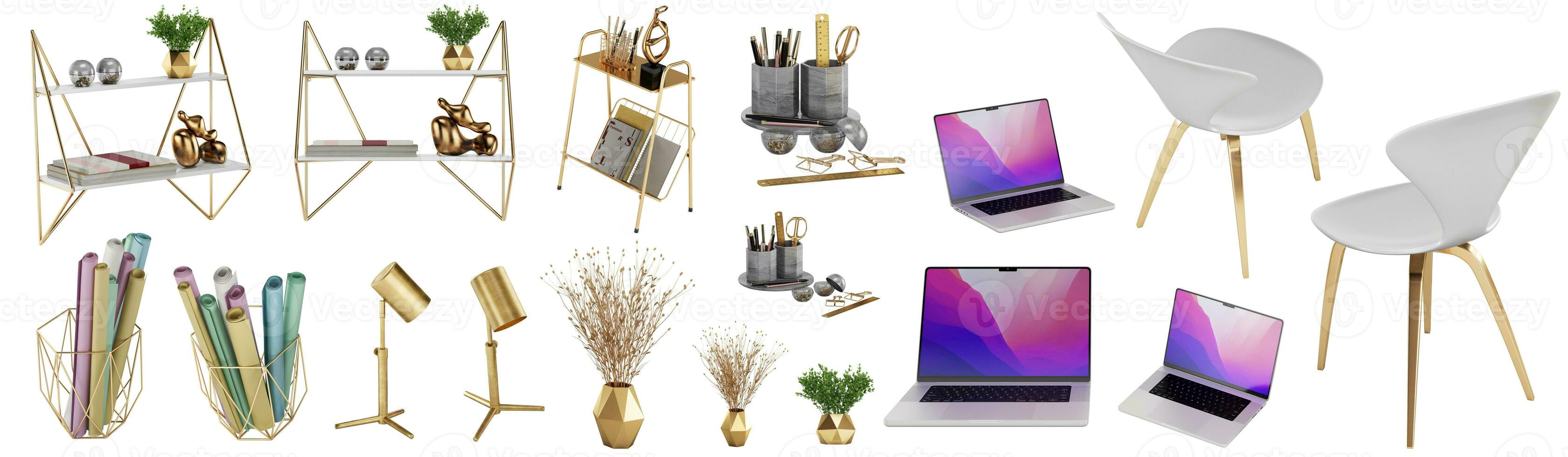 3d interpretazione collezione di d'oro ufficio Accessori e Strumenti. sedia, Accessori, decorativo elementi, computer portatile, ripiano, In piedi, impianti foto