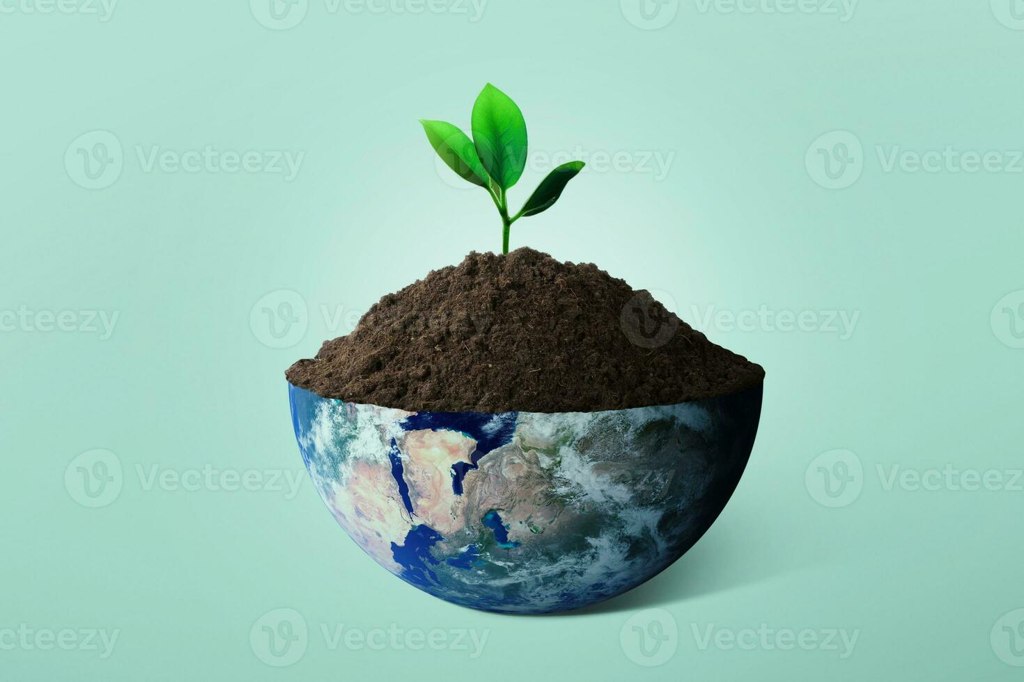 metà di il pianeta terra con suolo e in crescita germogli su un' verde sfondo, creativo idea. pianeta giorno, concetto. foto