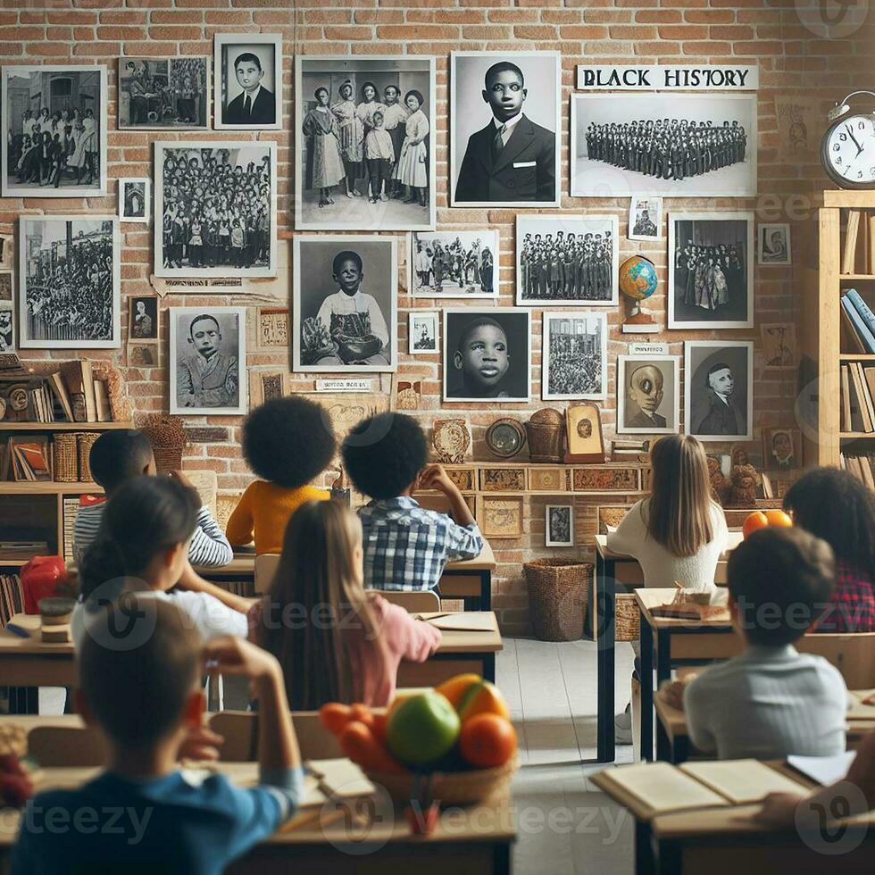 ai generato un educativo ambientazione con diverso studenti di vario discese apprendimento di nero storia foto