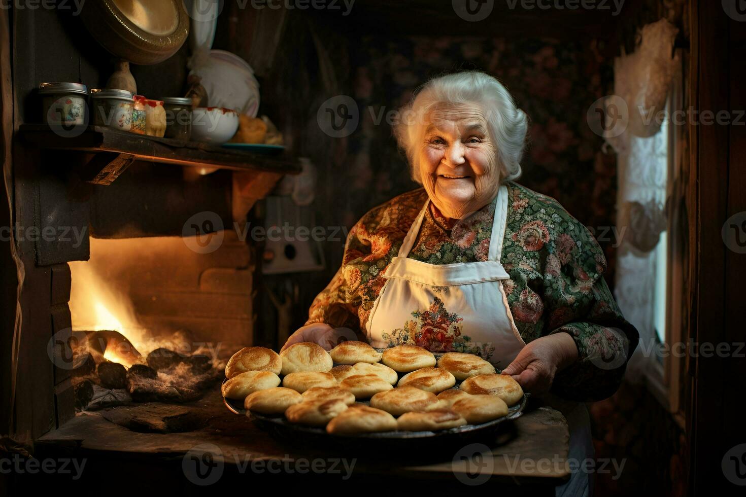 ai generato contento sorridente più vecchio donna nonna nel cucina con lotto di al forno torte su vassoio vicino legna stufa con fuoco casa cottura al forno mangiare delizioso foto