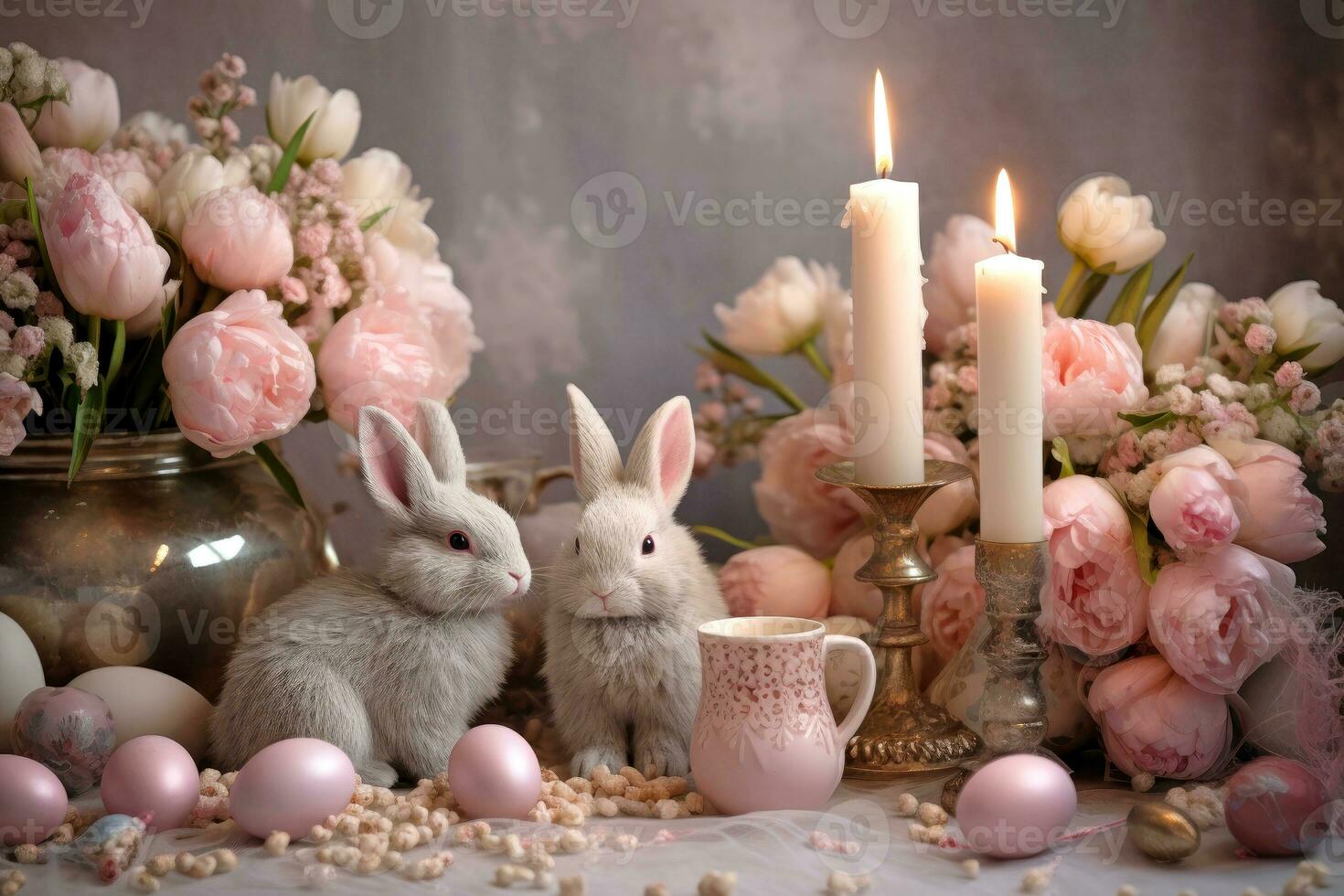 ai generato Pasqua saluto carta con carino coniglietti, mazzo di peonie, candele, Pasqua uova. ai generato illustrazione. foto