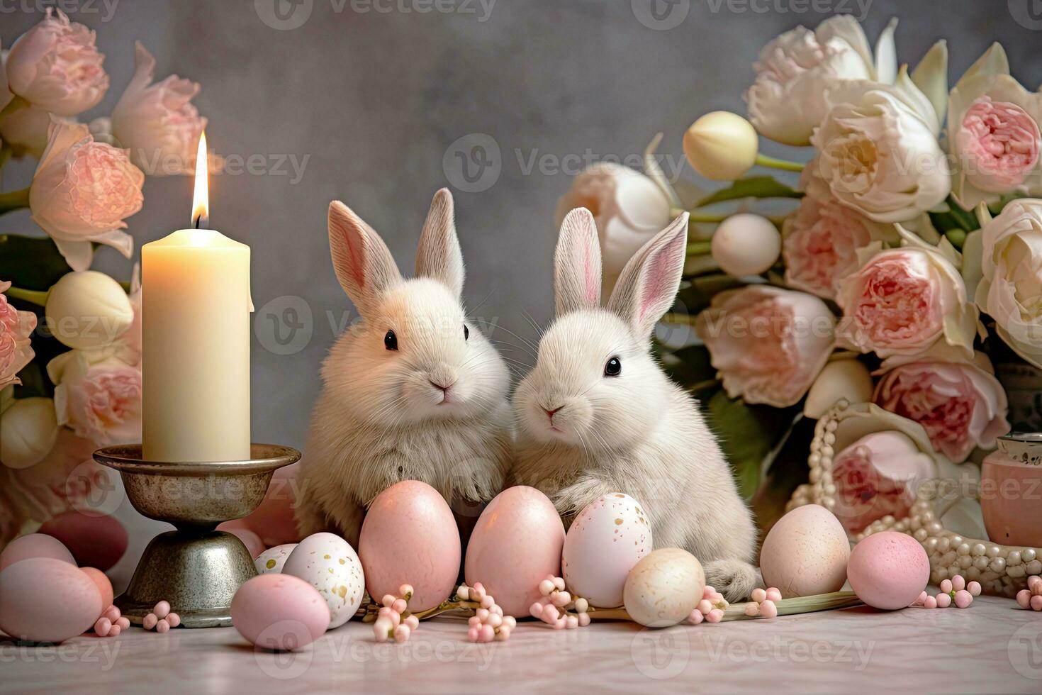 ai generato Pasqua saluto carta con carino coniglietti, mazzo di peonie, candele, Pasqua uova. ai generato illustrazione. foto