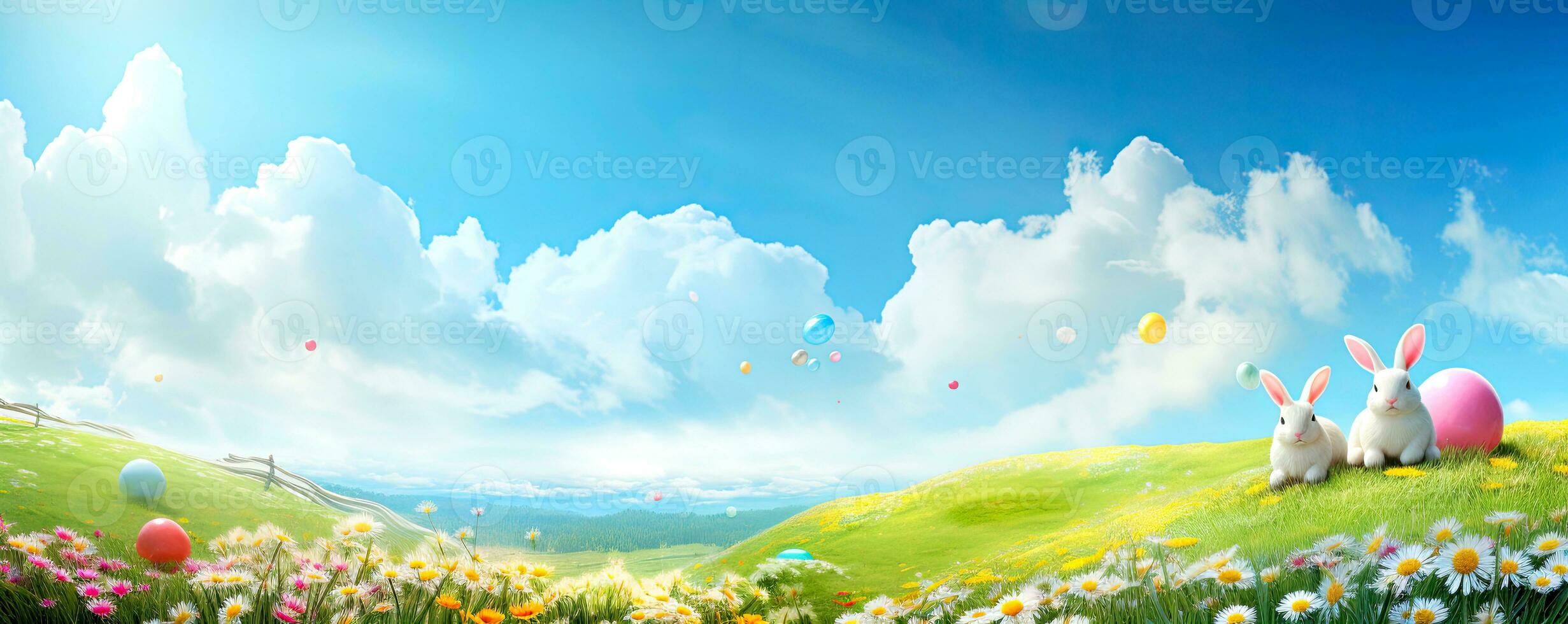 ai generato Pasqua paesaggio. orizzontale bandiera con un' carino Pasqua coniglietto su un' fiore prato con colorato uova. cartone animato stile. ai generato illustrazione. foto