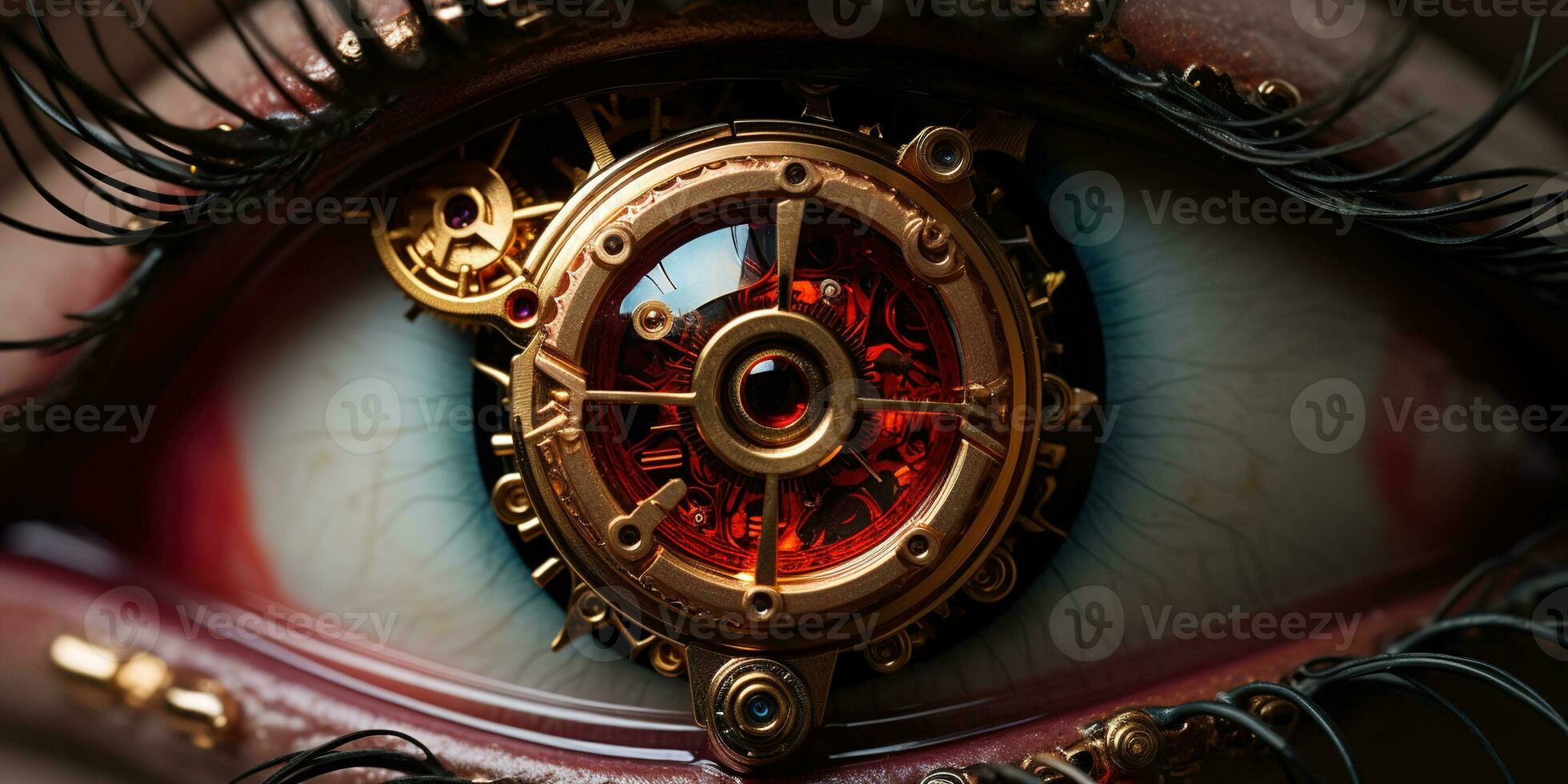 ai generato generativo ai, bionico steampunk occhio avvicinamento, immaginario oculare impiantare foto