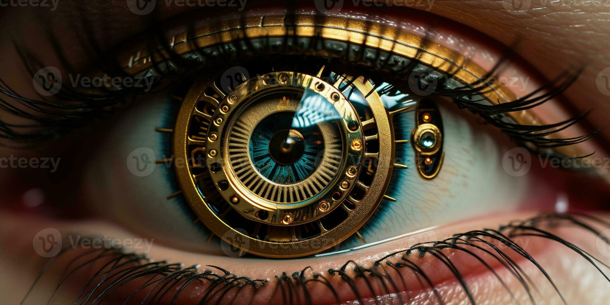 ai generato generativo ai, bionico steampunk occhio avvicinamento, immaginario oculare impiantare foto