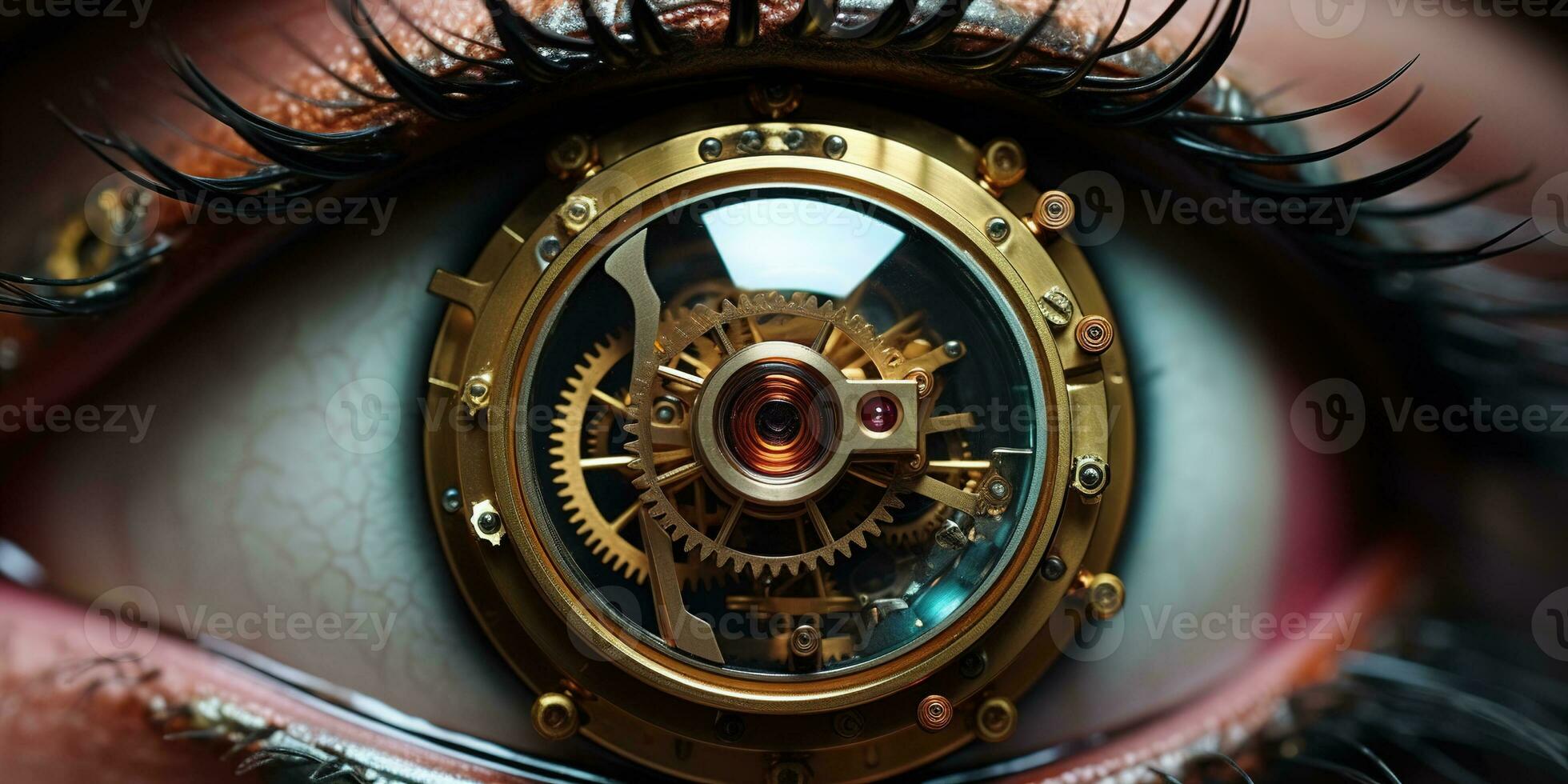 ai generato generativo ai, bionico steampunk occhio avvicinamento, immaginario oculare impiantare foto