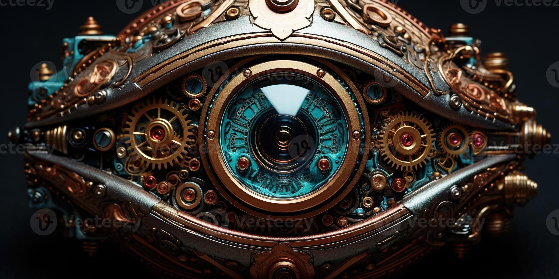 ai generato generativo ai, bionico steampunk occhio avvicinamento, immaginario oculare impiantare foto