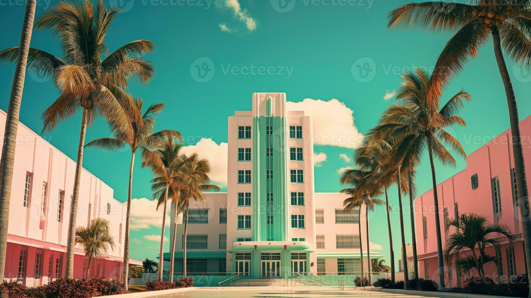 ai generato generativo ai, surreale miami città con deco retrò edifici, rosa e blu colori, estate vibrazioni foto