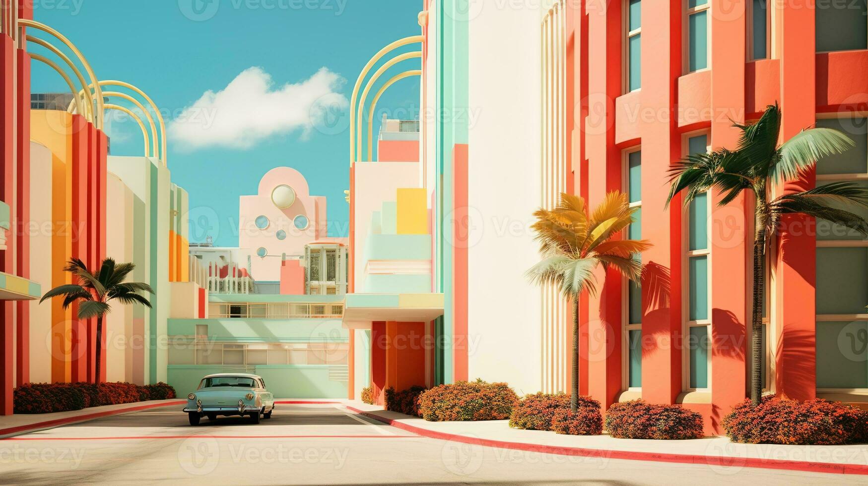 ai generato generativo ai, surreale miami città con deco retrò edifici, rosa e blu colori, estate vibrazioni foto