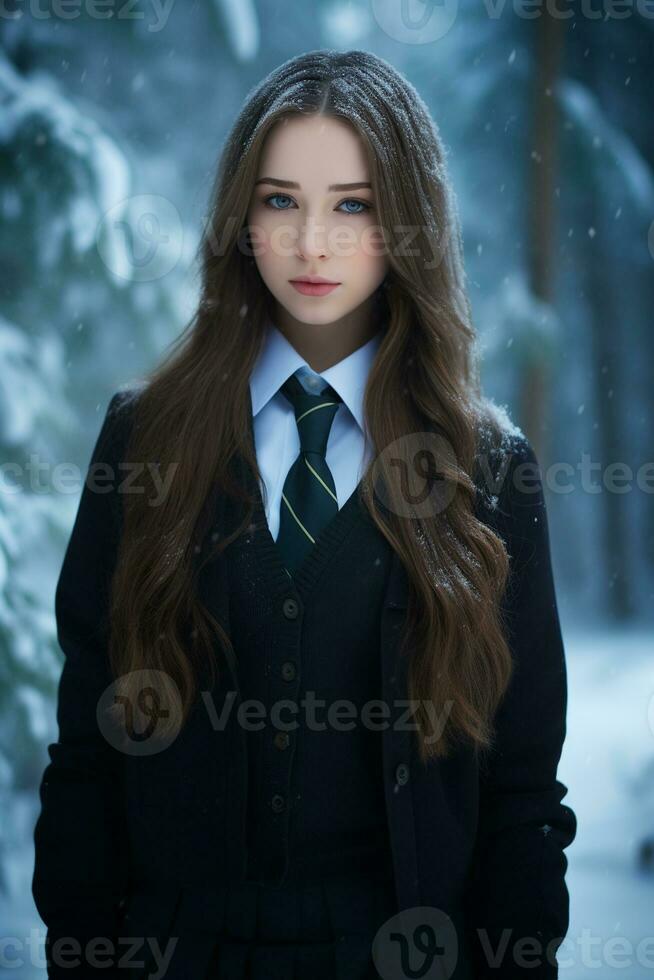 ai generato un' bellissimo russo alto scuola alunno ragazza nel scuola uniforme all'aperto nel inverno foto