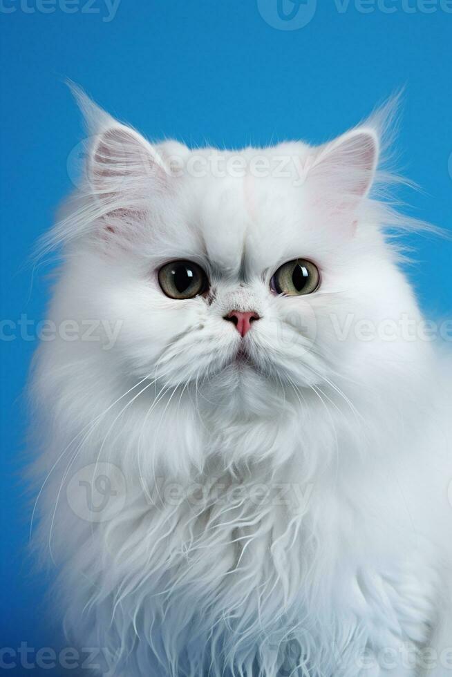 ai generato bianca persiano picco naso gatto con lungo capelli seduta su un' blu sfondo foto