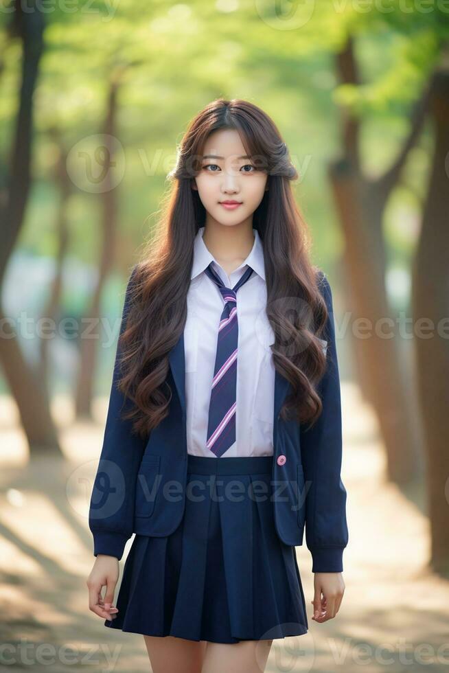 ai generato un' bellissimo giovane coreano alto scuola alunno ragazza nel un' scuola uniforme all'aperto foto