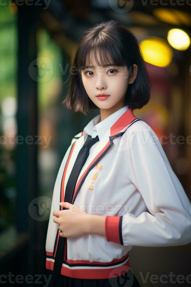 ai generato un' giovane Cinese alto scuola alunno ragazza con corto capelli nel un' scuola uniforme foto