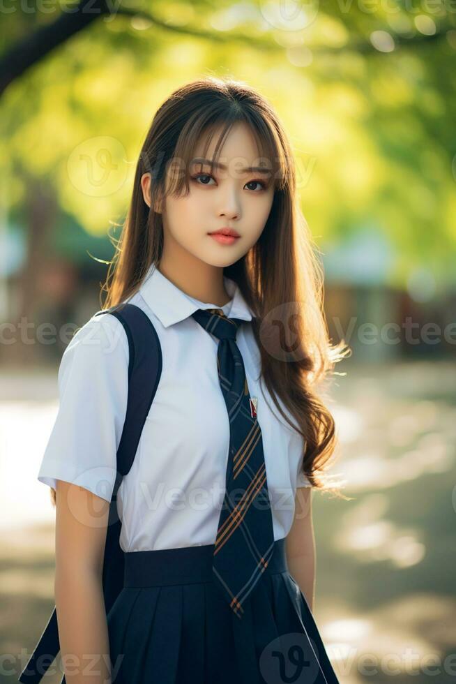 ai generato un' bellissimo asiatico giovane donna nel scuola uniforme all'aperto foto