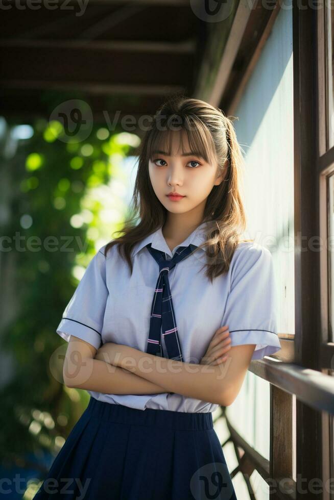 ai generato un' bellissimo asiatico giovane donna nel scuola uniforme all'aperto foto