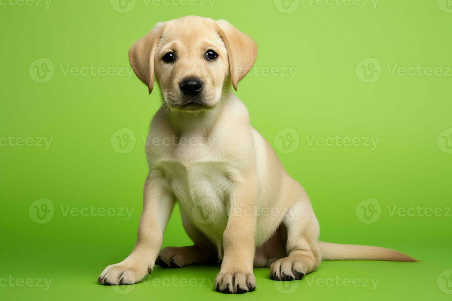 ai generato un' beige labrador cucciolo seduta su un' verde sfondo foto