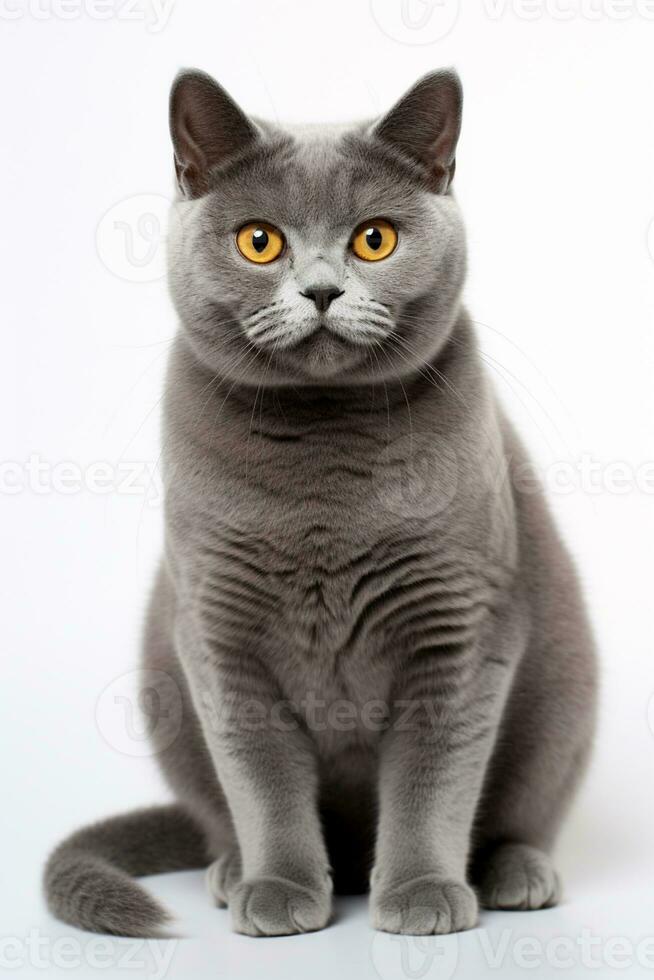 ai generato un' Britannico capelli corti gatto con giallo occhi seduta giù su bianca sfondo foto