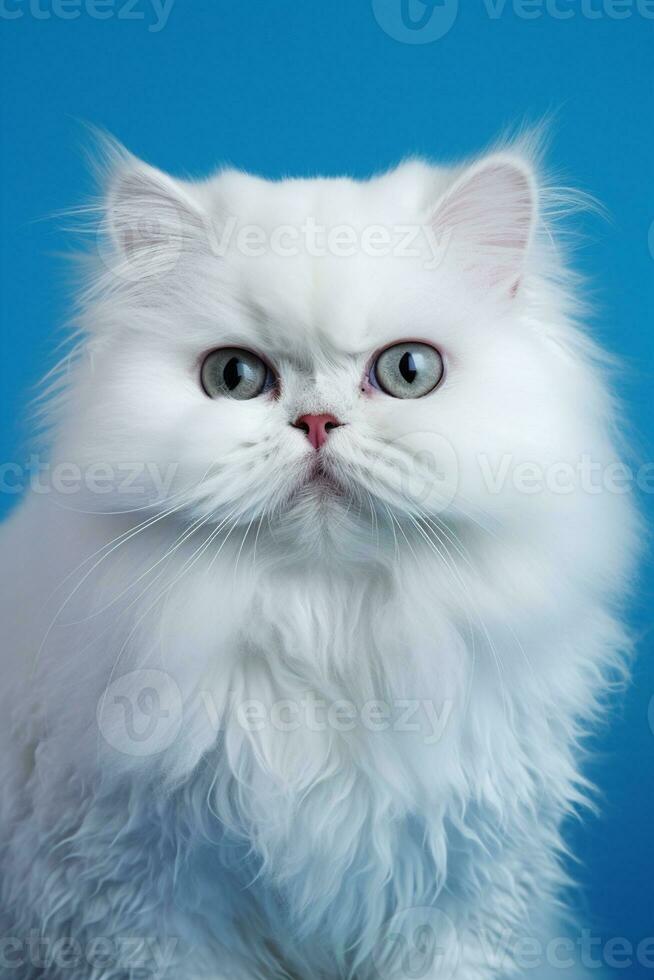 ai generato bianca persiano picco naso gatto con lungo capelli seduta su un' blu sfondo foto