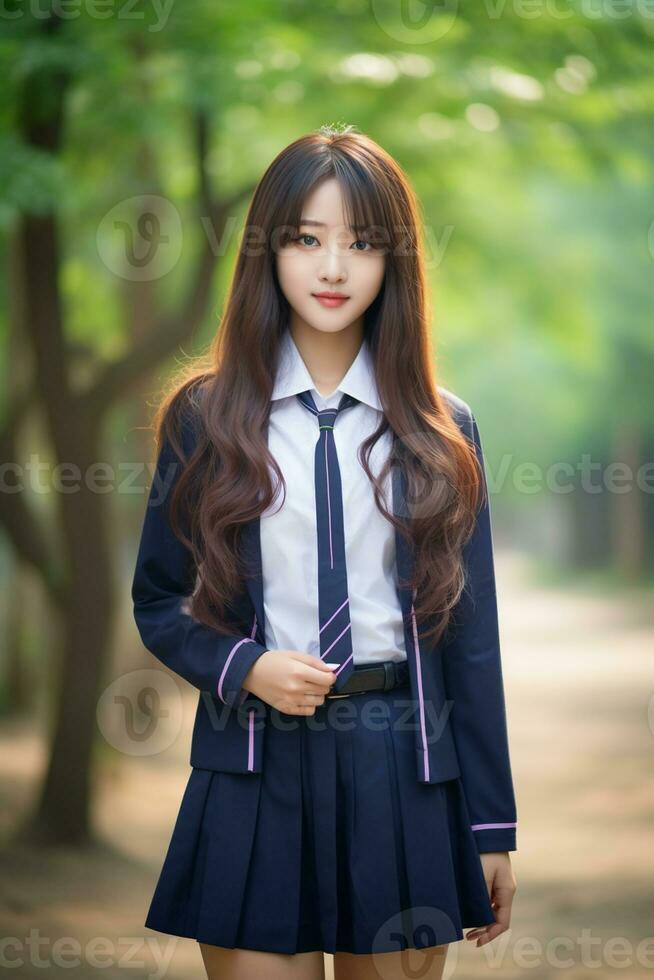 ai generato un' bellissimo giovane coreano alto scuola alunno ragazza nel un' scuola uniforme all'aperto foto
