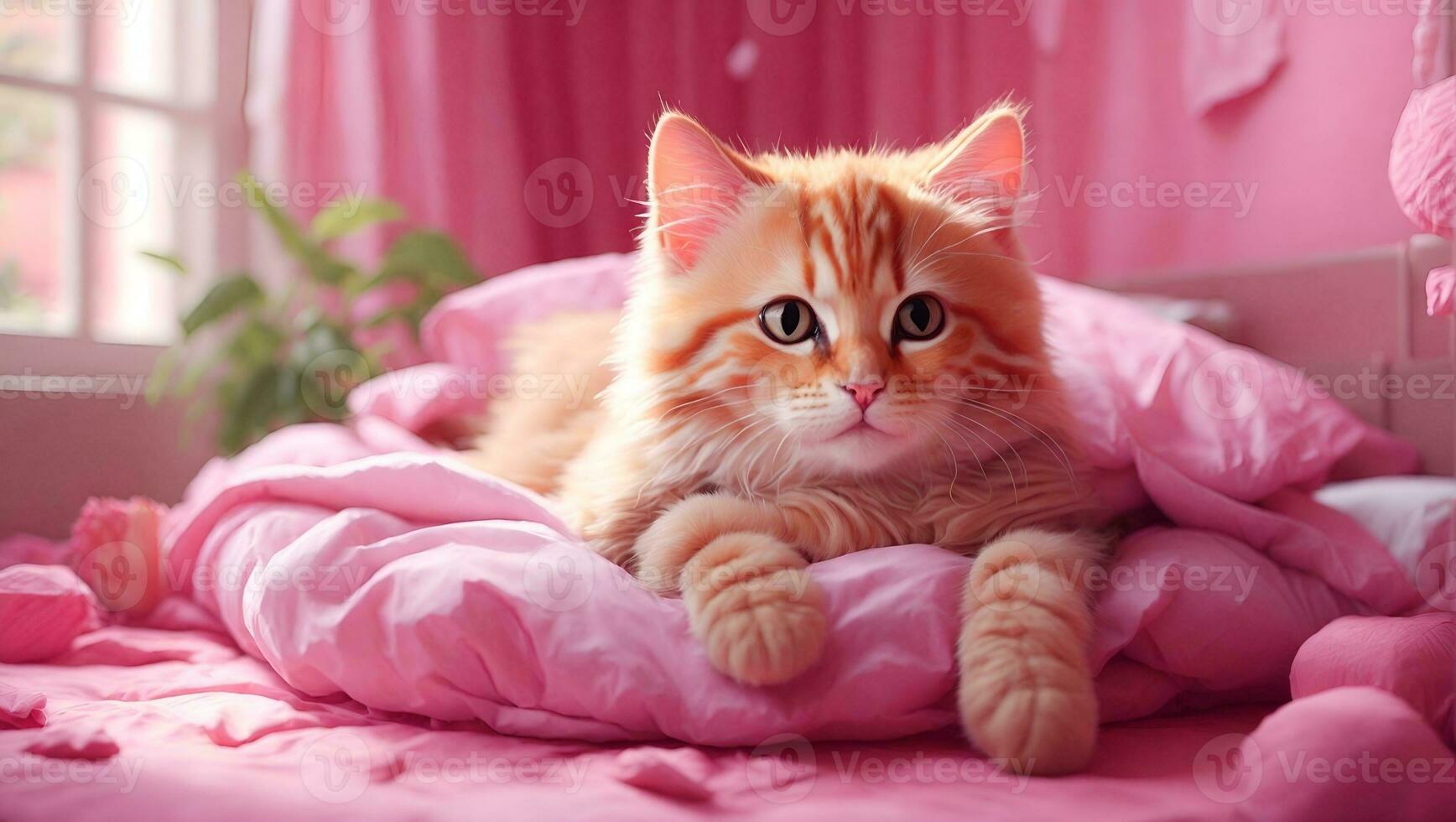 ai generato un' soffice arancia gatto posa su un' rosa coperta nel un' rosa camera foto
