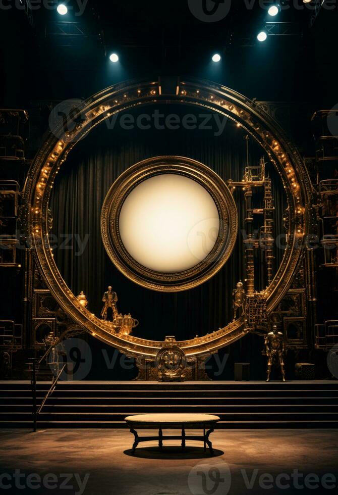 ai generato palcoscenico sfondo con un' grande circolare luce, nel buio bronzo e oro stile, legna per composizione ai generato foto