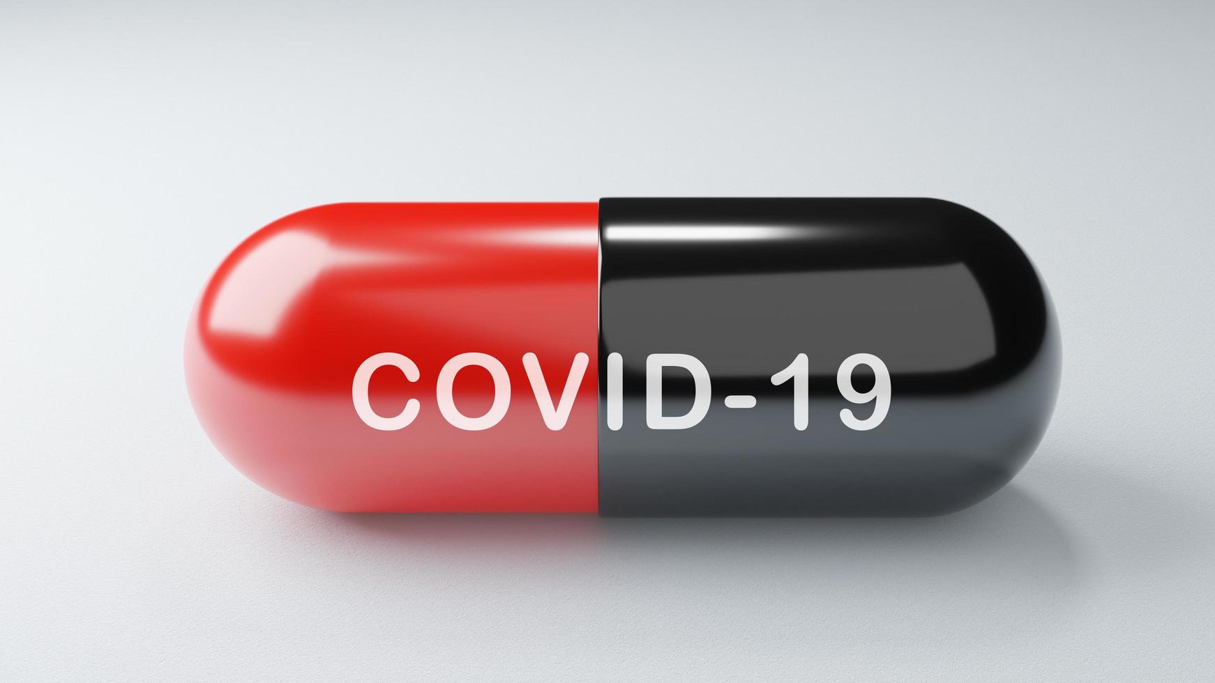 primo piano covid-19 capsula di farmaci antiretrovirali su sfondo bianco. concetto di medicina e vaccino. scienze mediche sanitarie. ricerca sull'immunità agli antibiotici. colore rosso nero. Rendering di illustrazione 3D foto