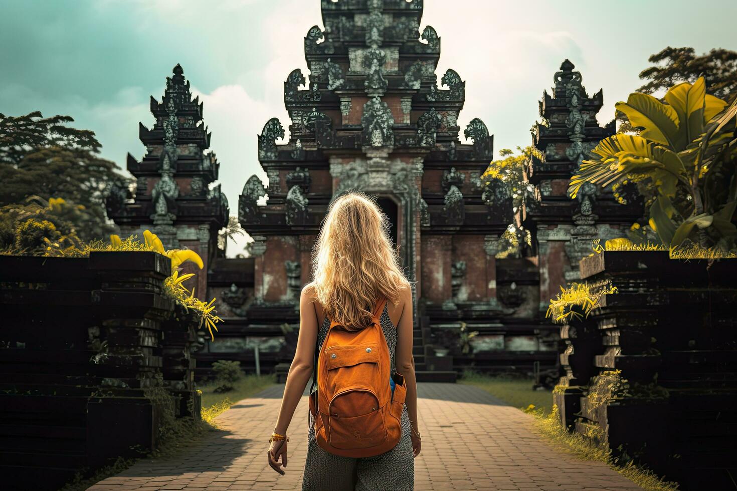 ai generato giovane donna con zaino in piedi nel davanti di pura besakih tempio nel Bali, Indonesia, turista donna con zaino a vacanza a piedi attraverso il indù tempio nel bali nel Indonesia foto