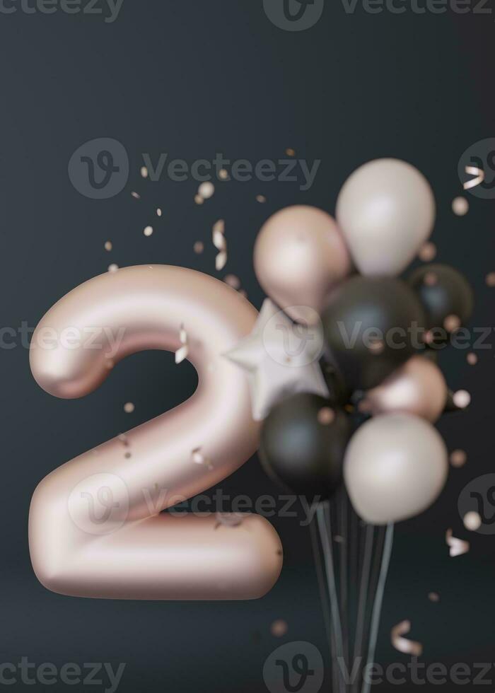 d'oro numero Due e palloncini su nero sfondo. simbolo 2. invito per un' secondo compleanno festa, attività commerciale anniversario, o qualunque evento festeggiare un' secondo pietra miliare. verticale immagine. 3d rendere. foto