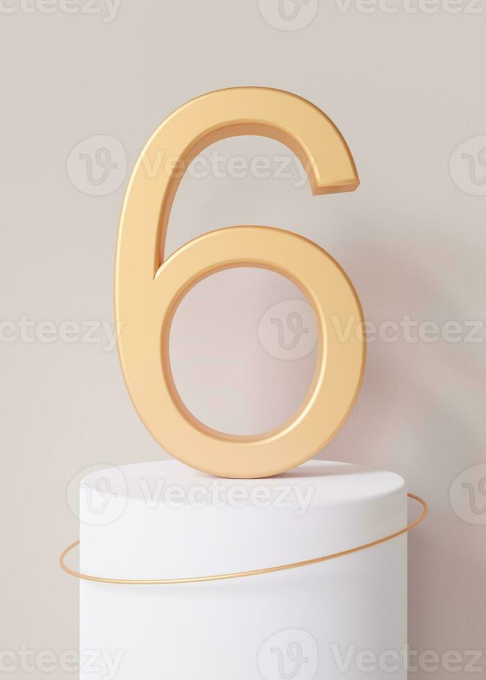 d'oro numero sei in piedi su podio su beige sfondo. simbolo 6. invito per un' sesto compleanno festa, attività commerciale anniversario, o qualunque evento festeggiare sesto pietra miliare. verticale immagine. 3d rendere. foto