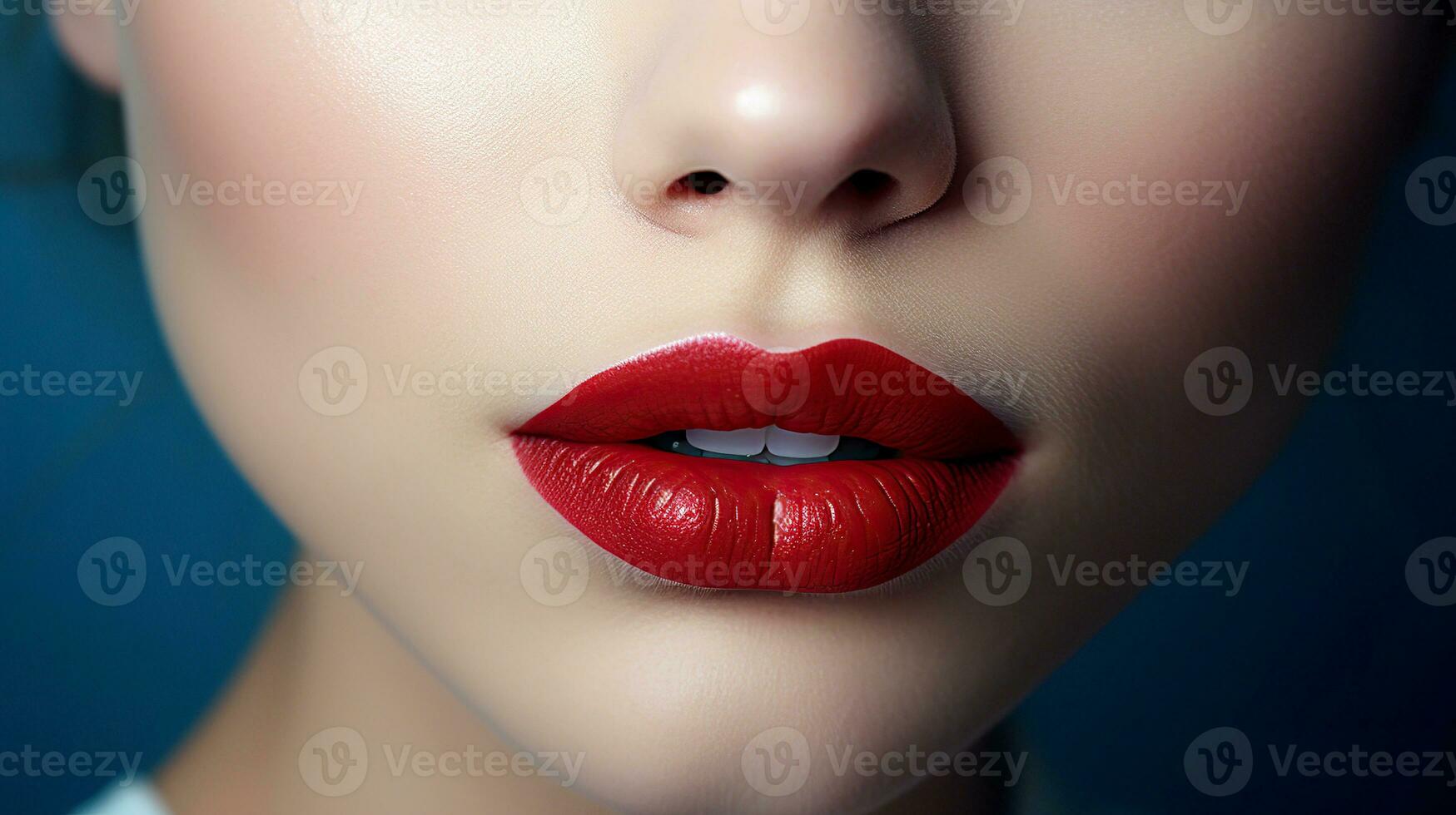 ai generato avvicinamento rosso labbra. avvicinamento ritratto di bellissimo giovane donna con rosso labbra. Perfetto trucco. io foto