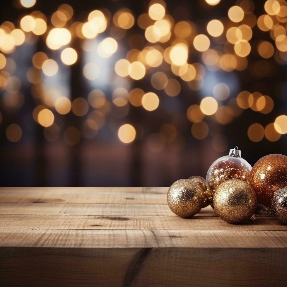 ai generato ai generato astratto sfocato scintillante sfondo con vuoto legna tavolo per Natale vacanza In piedi. foto